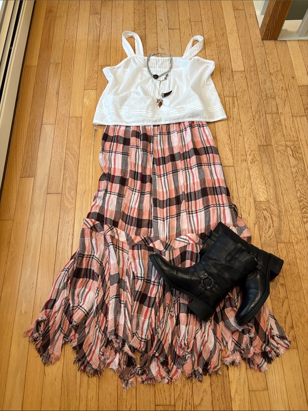 Free People Bordeaux Plaid Maxi Skirt